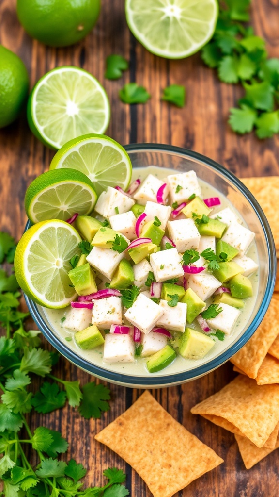 A colorful Mahi Mahi ceviche with avocado in a glass bowl, garnished with lime wedges, served with tortilla chips.